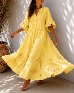 V-Neck Ruffle Shirred Dress