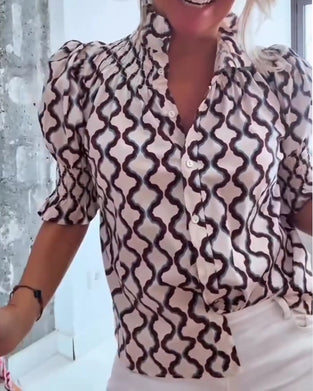 Wave Print Stand Collar Puff Sleeve Shirt