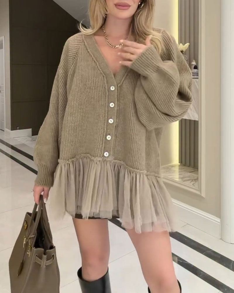 V-Neck Mesh Ruffle Patchwork Cardigan