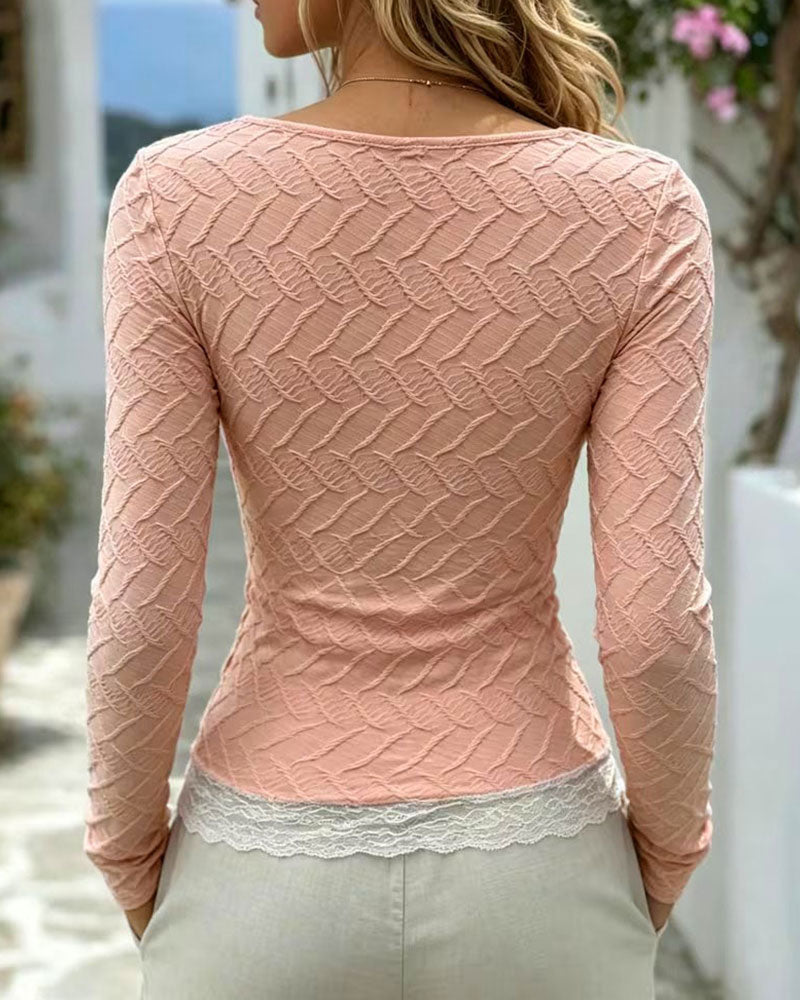 Square Neck Lace Patchwork Long Sleeve Fitted Top