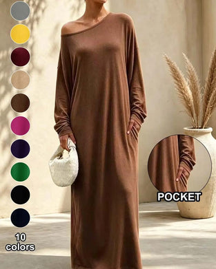 Asymmetric Off-Shoulder Long Sleeve Pocket Maxi Dress
