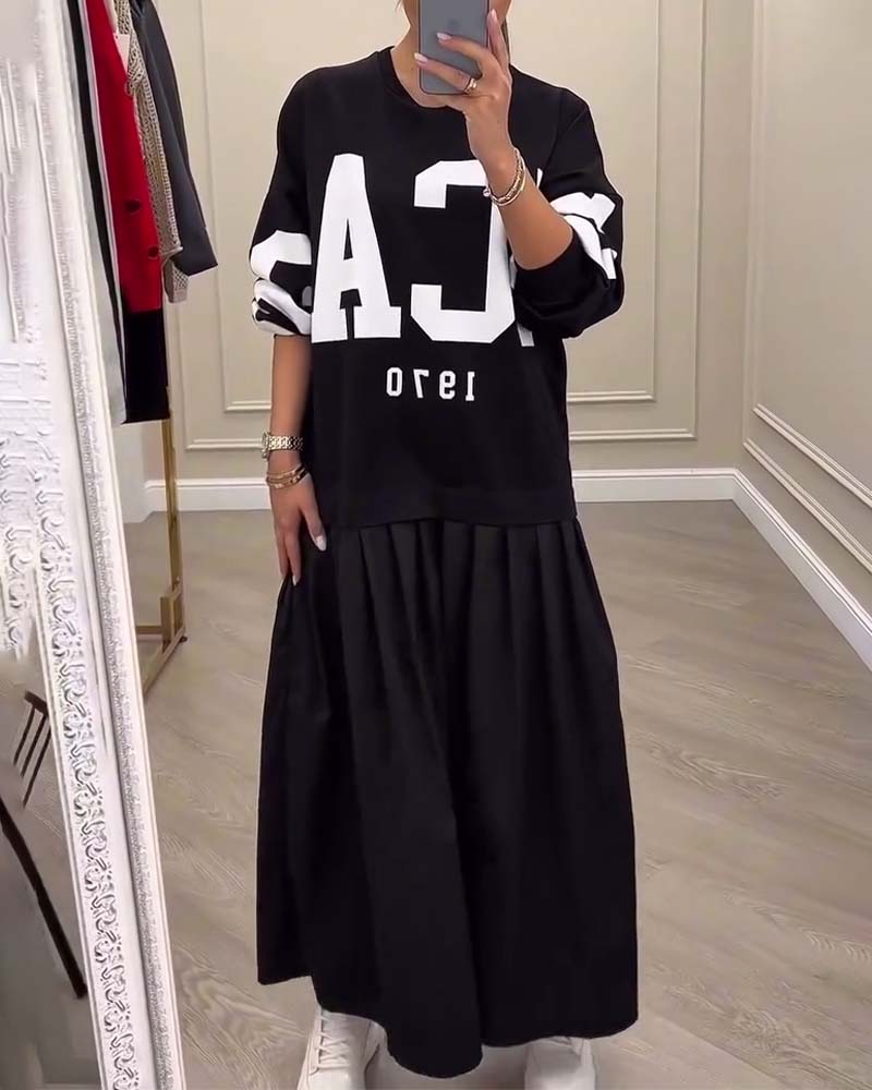 Lettering Casual Sweatshirt Pleated Patchwork Dress