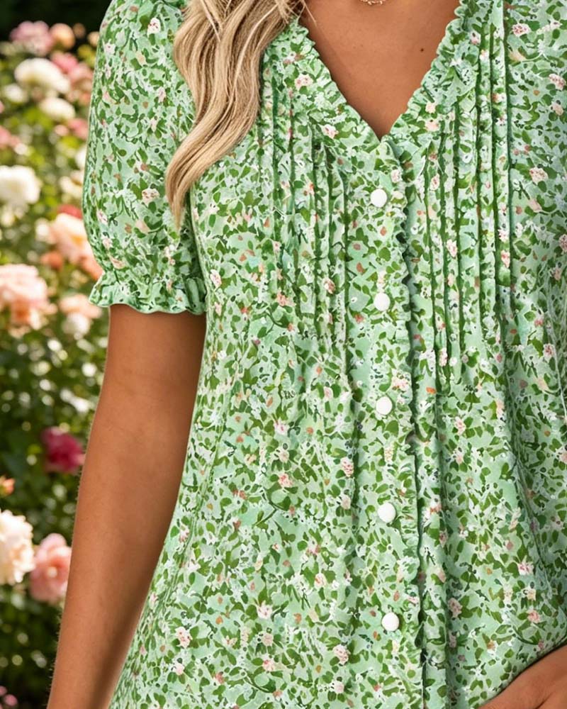 V-Neck Floral Print Blouse