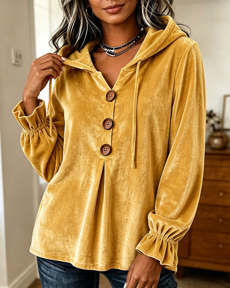 Solid Button Casual Hoodie