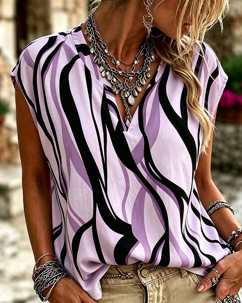 V-Neck Stripe Sleeveless Relaxed Blouse
