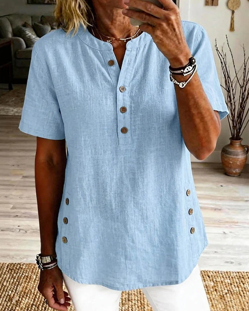 Solid-Color Loose-Fit Short-Sleeve Blouse