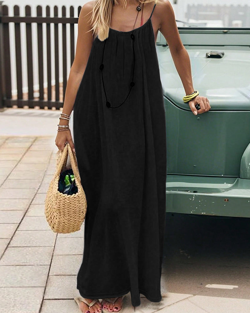 Solid Color Shirred Backless Spaghetti Strap Maxi Dress