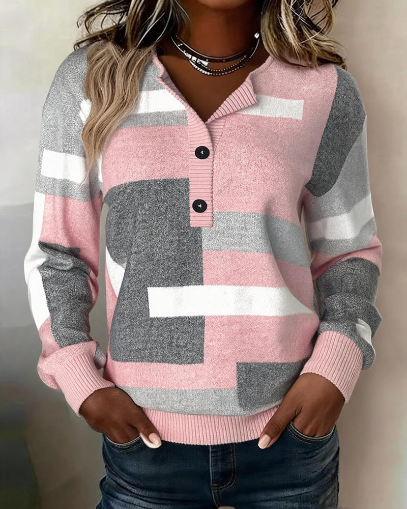 Checkered Button-Front Long-Sleeve Sweatshirt