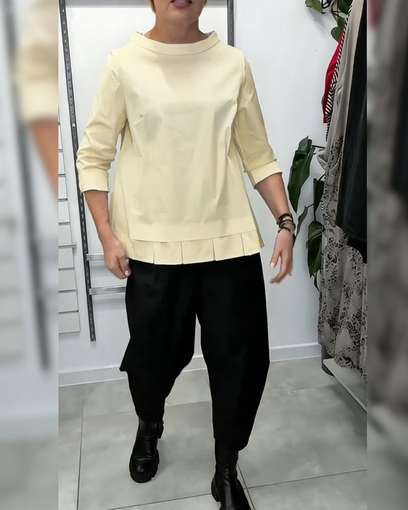 100% Cotton Wide-Collar Solid Color Casual Blouse