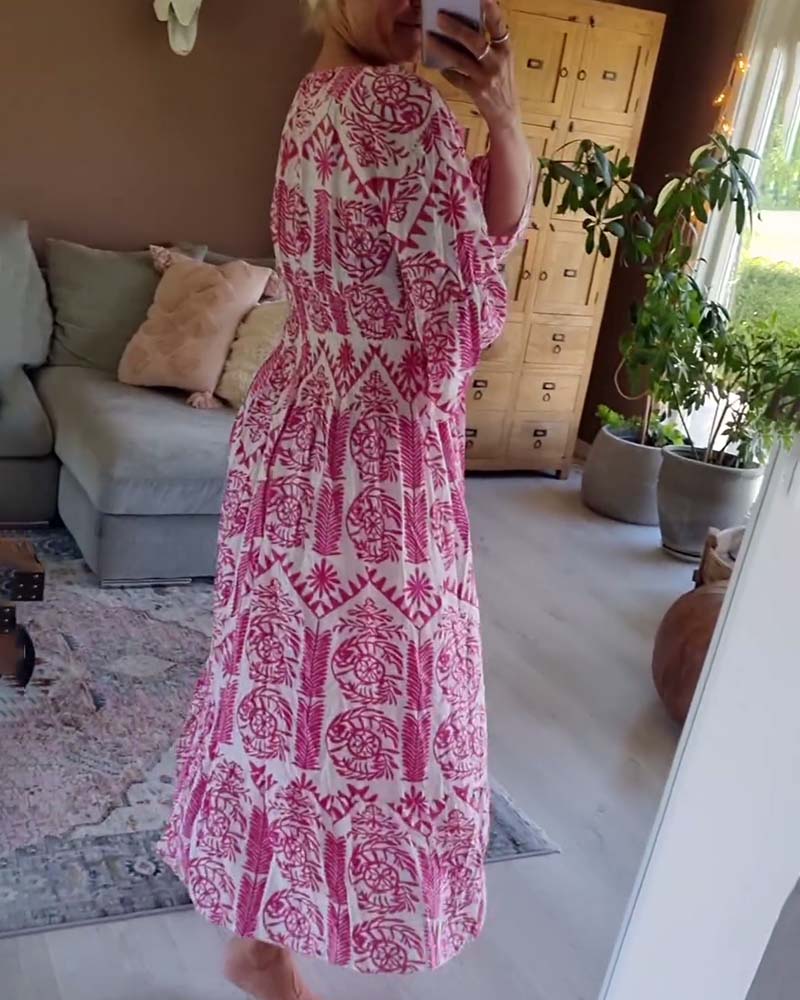 Elegant printed V-neck pleated bell-sleeve dress