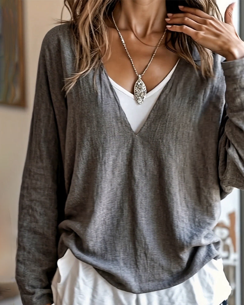 Fashionable Long-Sleeved Contrasting Color Stitching Top