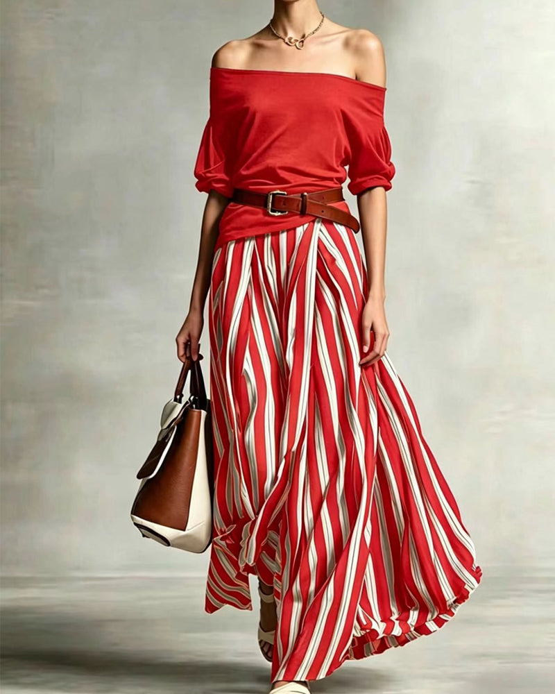 Vertical Striped Skirt Two-Piece Set