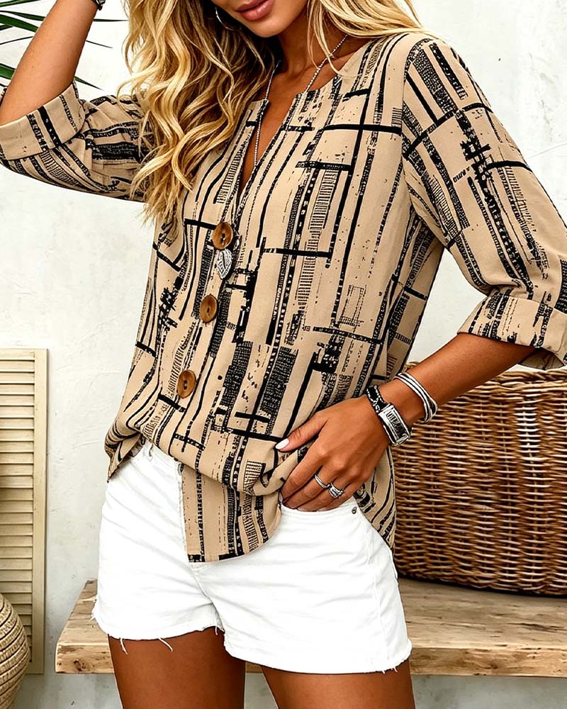V-Neck Button-Down Striped Blouse