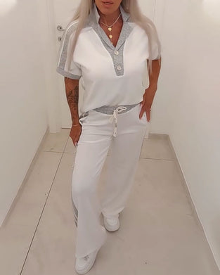 Color Block Camp Collar Casual Set