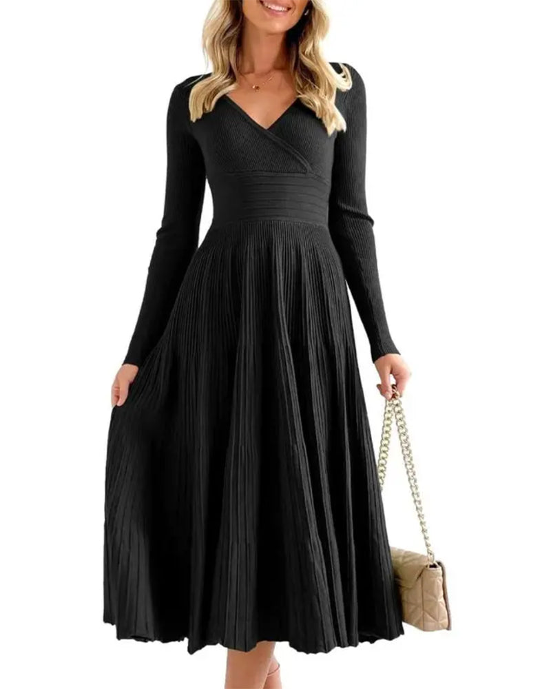 V-Neck Cross Pit Pleated Dress