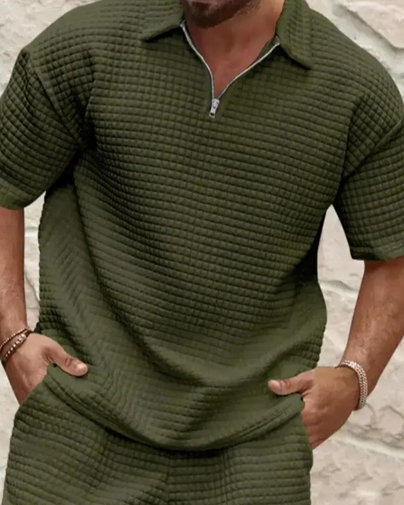 Polo Collar Zip Waffle Texture Shorts Set