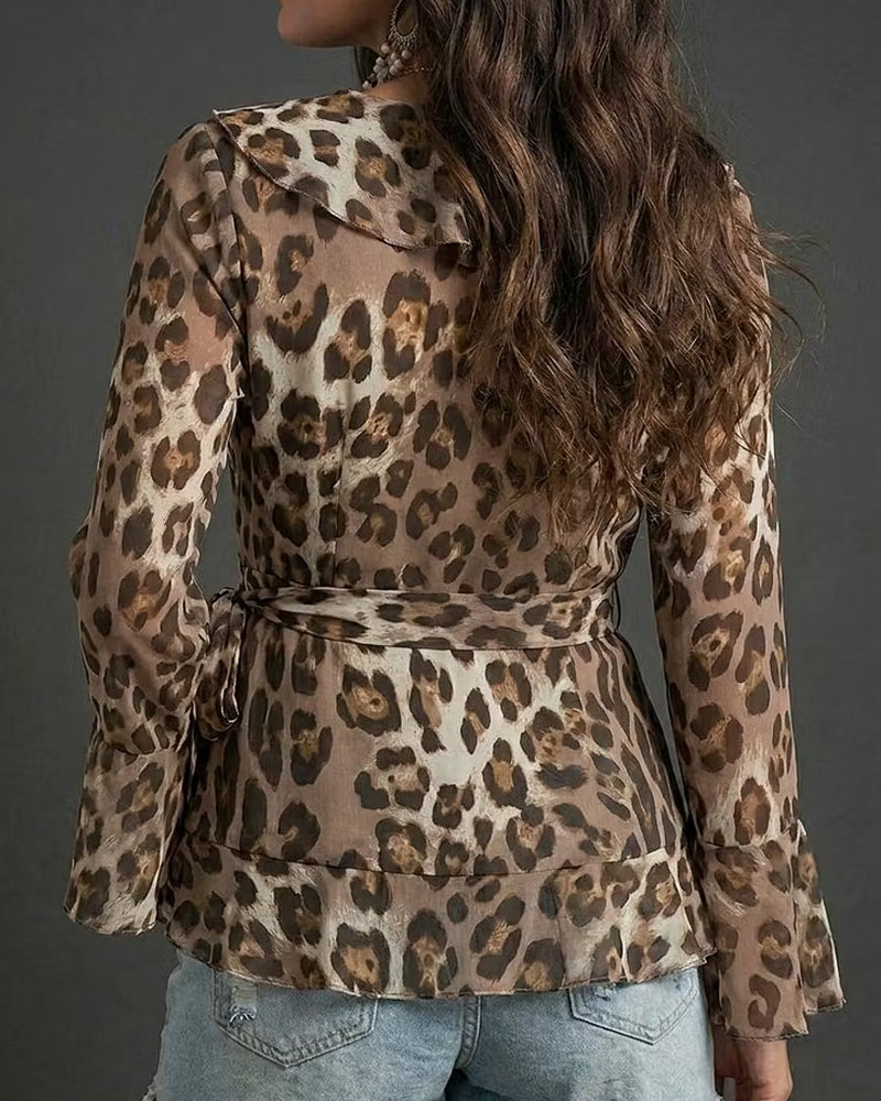 Ruffle Sleeve Leopard Print Blouse