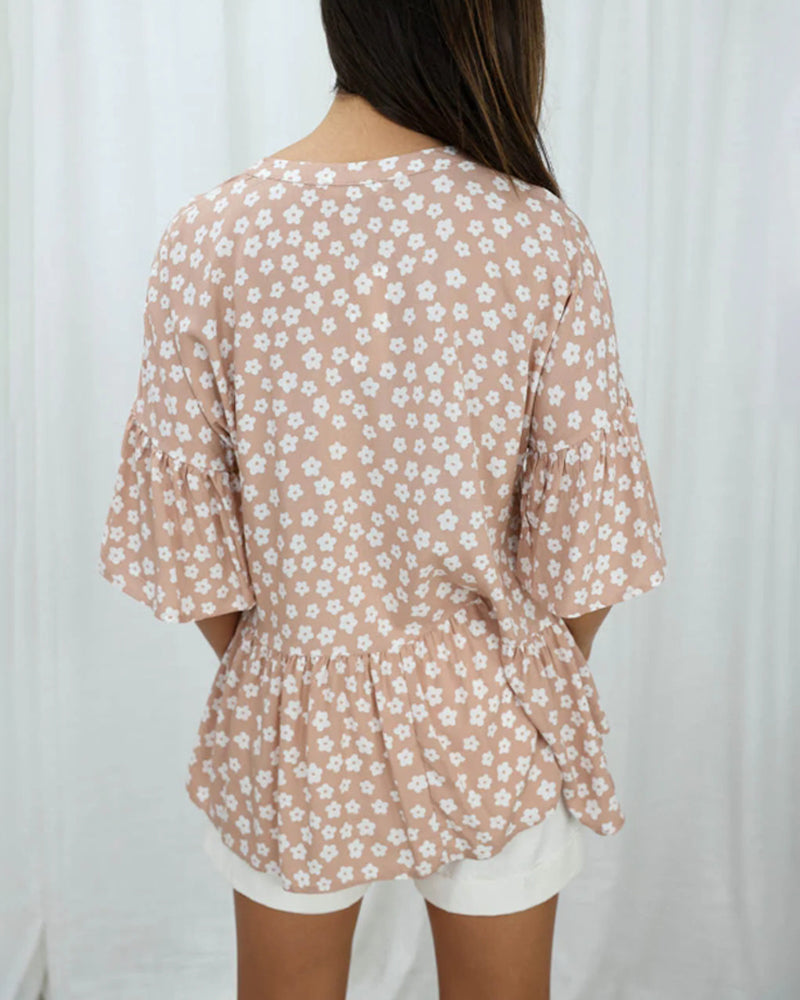 V-neck trumpet sleeves floral blouse