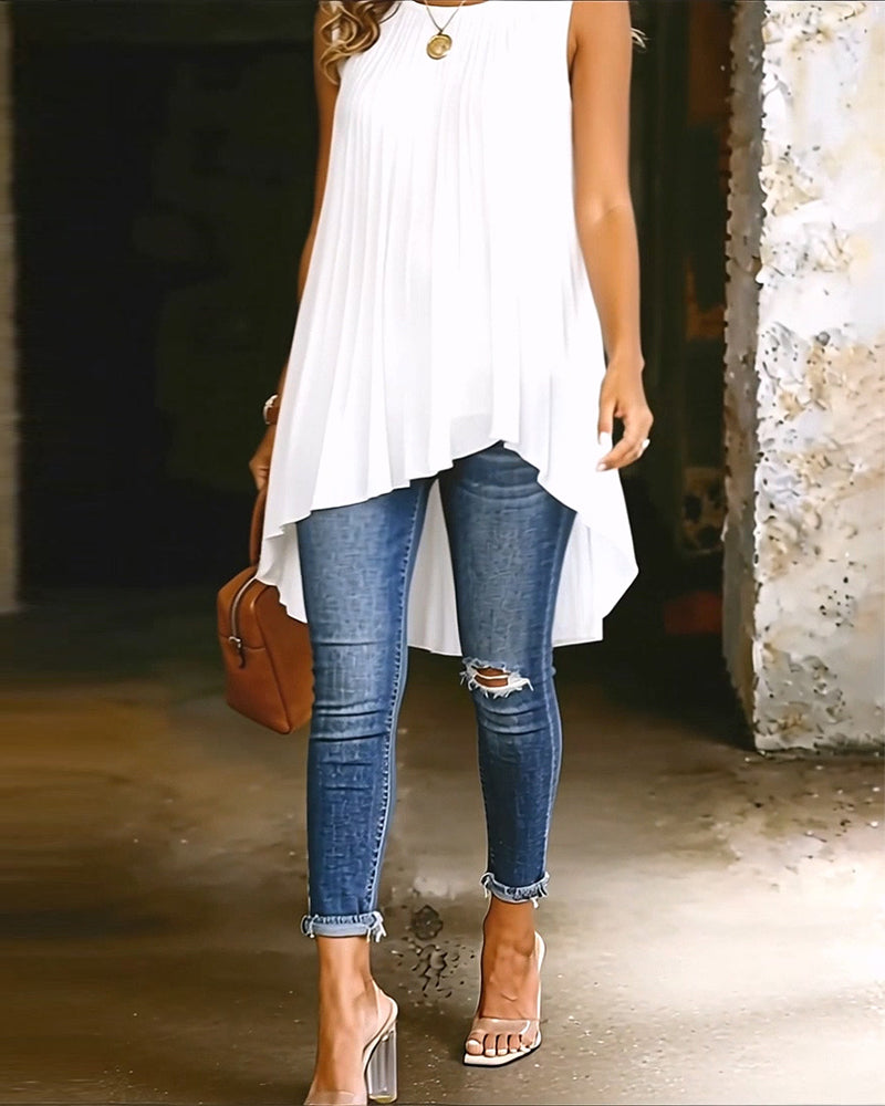Sleeveless Pleated Irregular Blouse