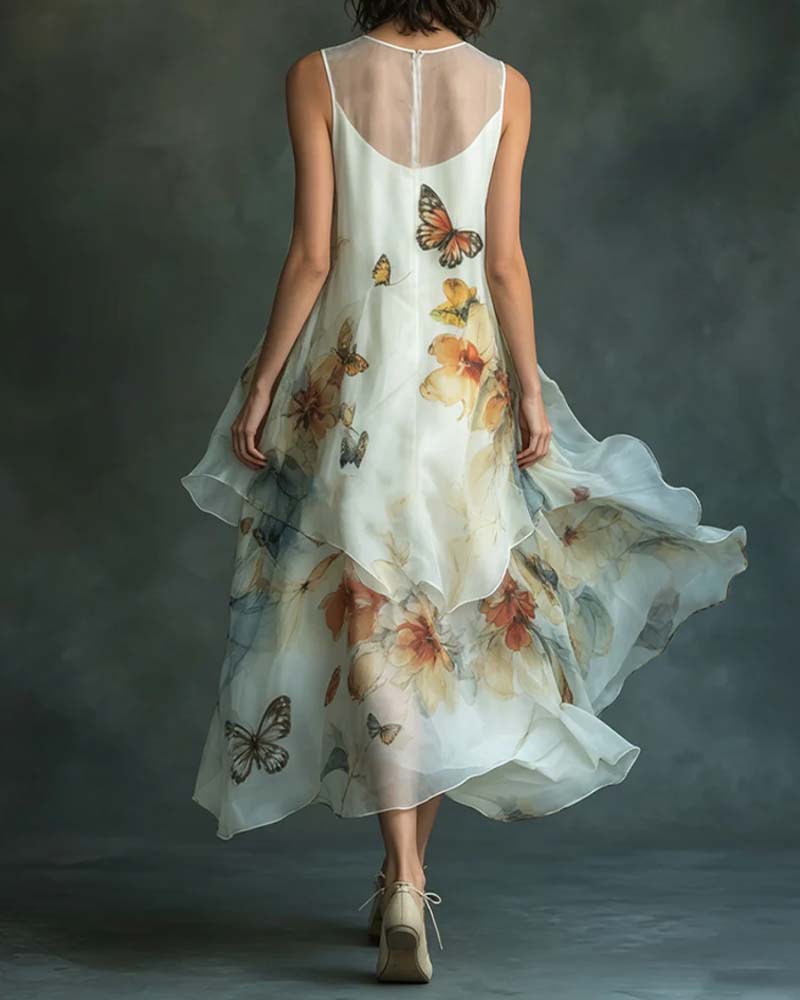 Sleeveless Butterfly Print Dress