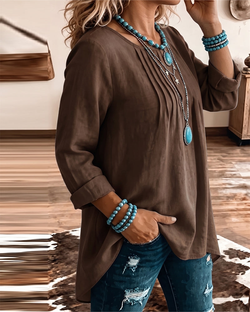 Crew Neck Ruched Loose Solid T-Shirt