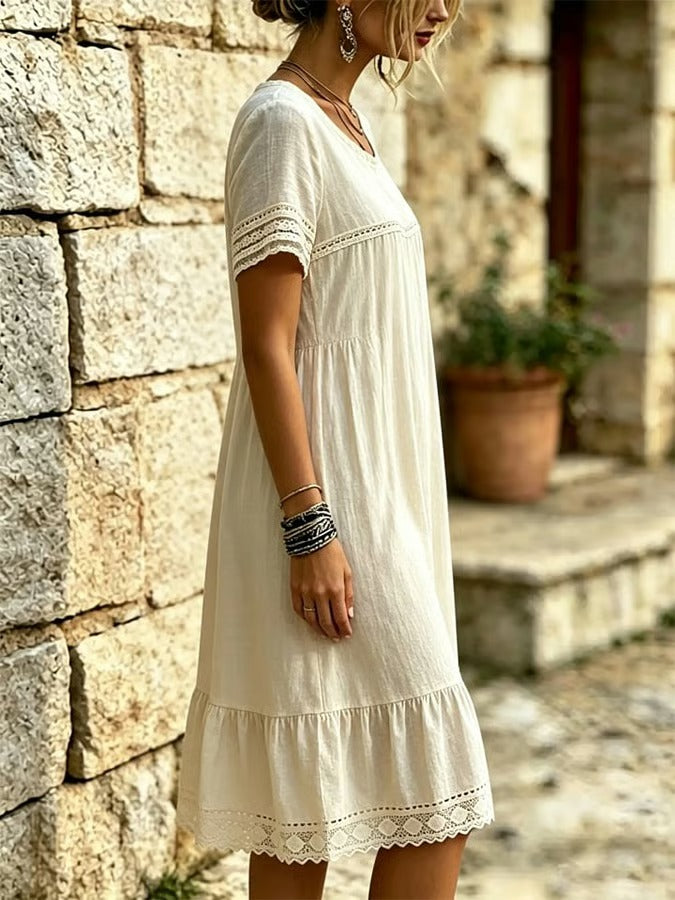 Lace Ruffle Round-Neck Short-Sleeve Dress