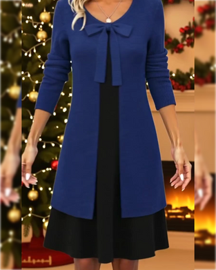 Faux Two-Piece Bow Long-Sleeved Dress