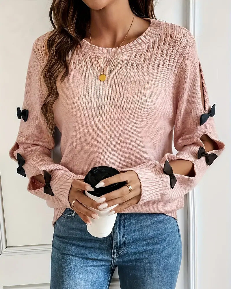 Bow-tie long-sleeved round neck pullover