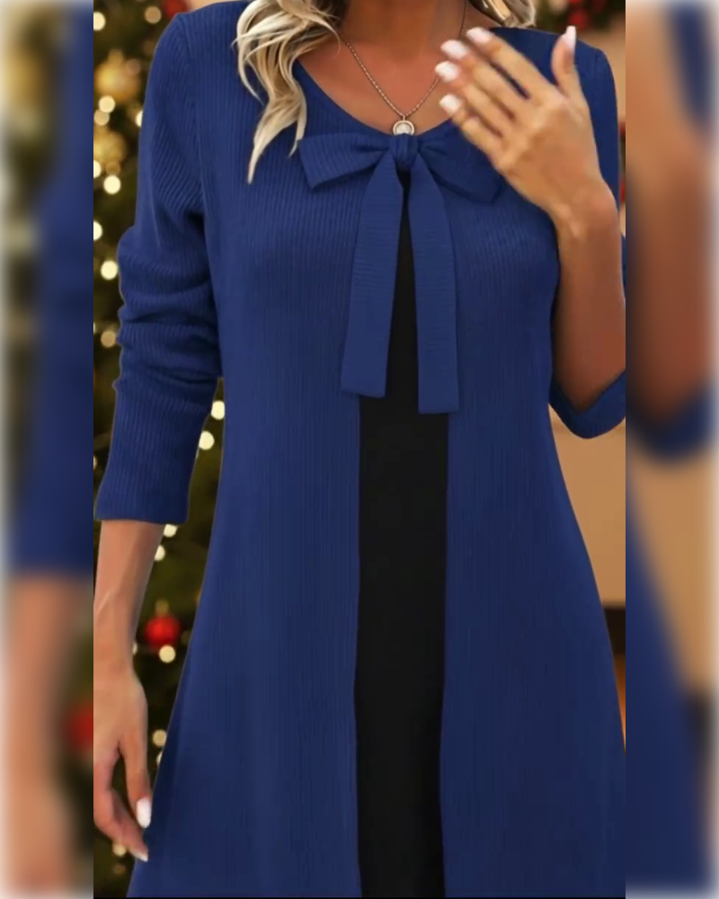 Faux Two-Piece Bow Long-Sleeved Dress