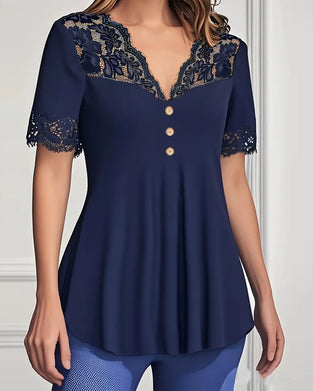 V-Neck Lace Slim Short-Sleeved Blouse