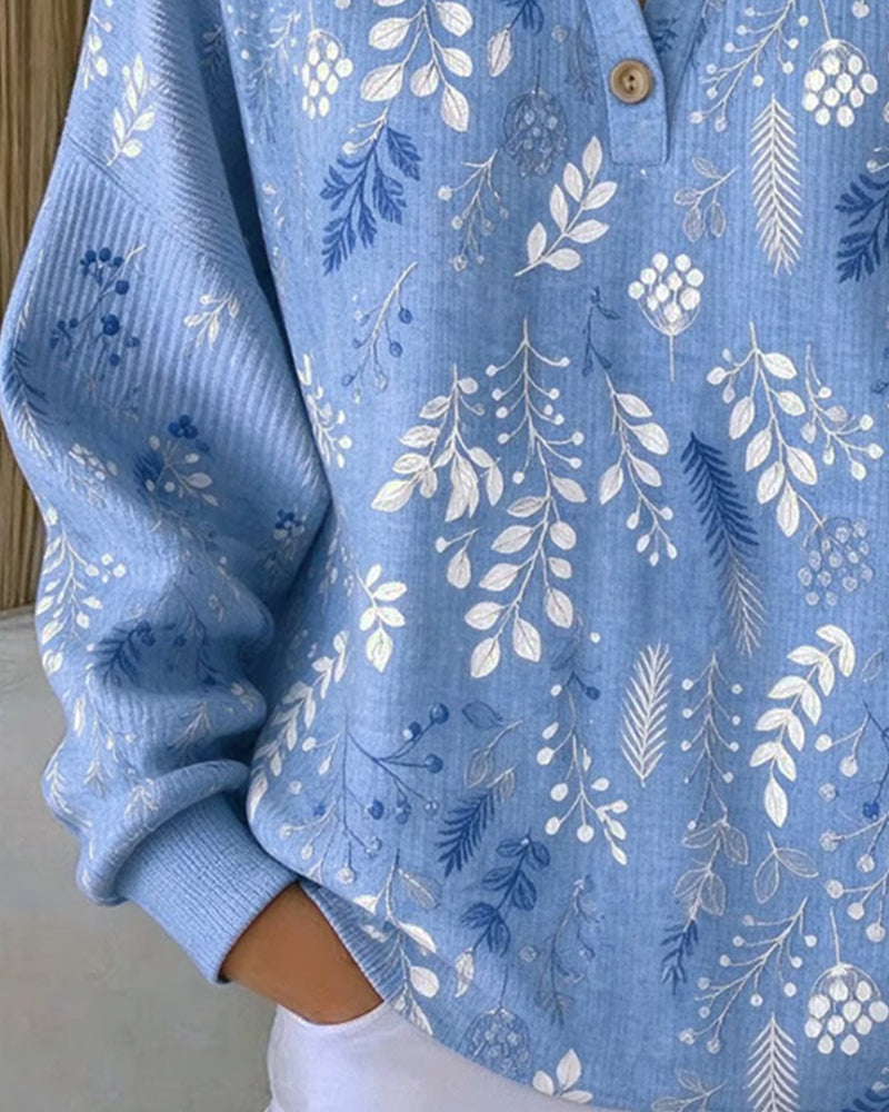 Waffle Henry Collar Floral Print Sweatshirt