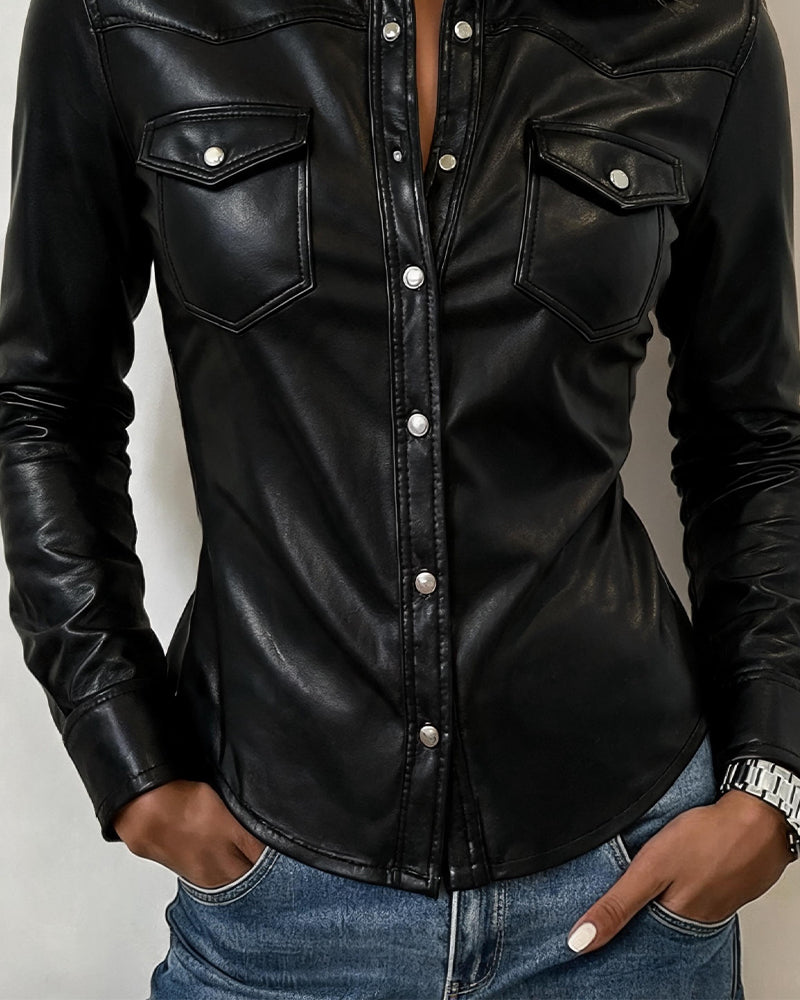 Lapel Button Front Pocket Long Sleeve Blouse