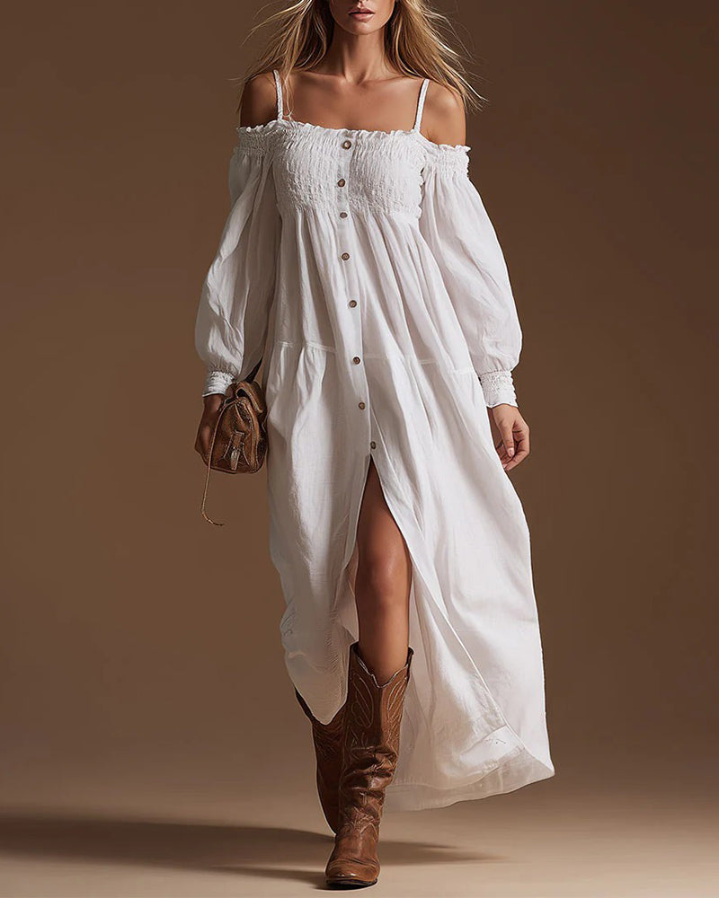 Solid Long Sleeve Slit Slip Dress