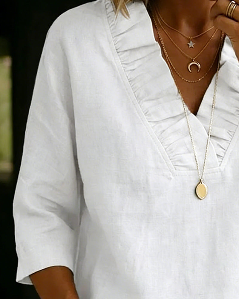 100% Cotton Ruffle V-Neck Three-Quarter Sleeve Blouse