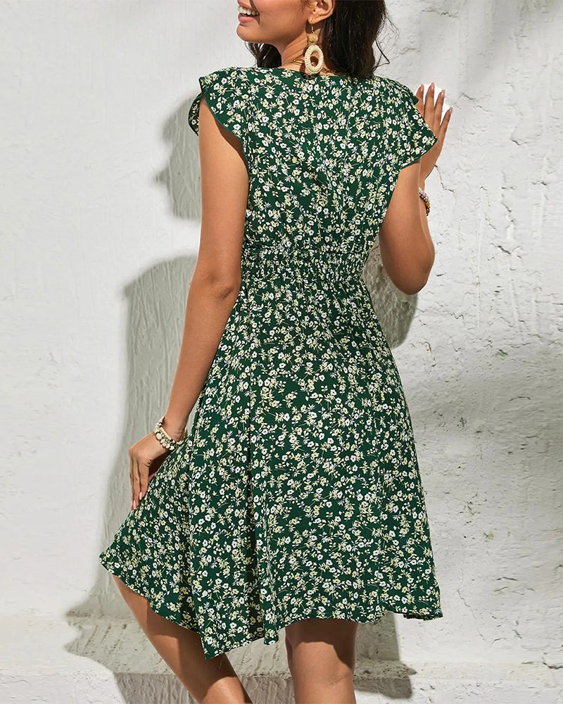 Crew Neck Elastic Shirring Floral Dress