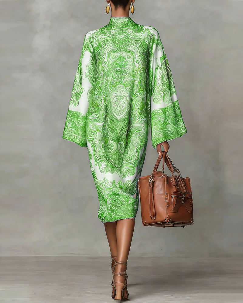 High-Neck Vintage Print Dress