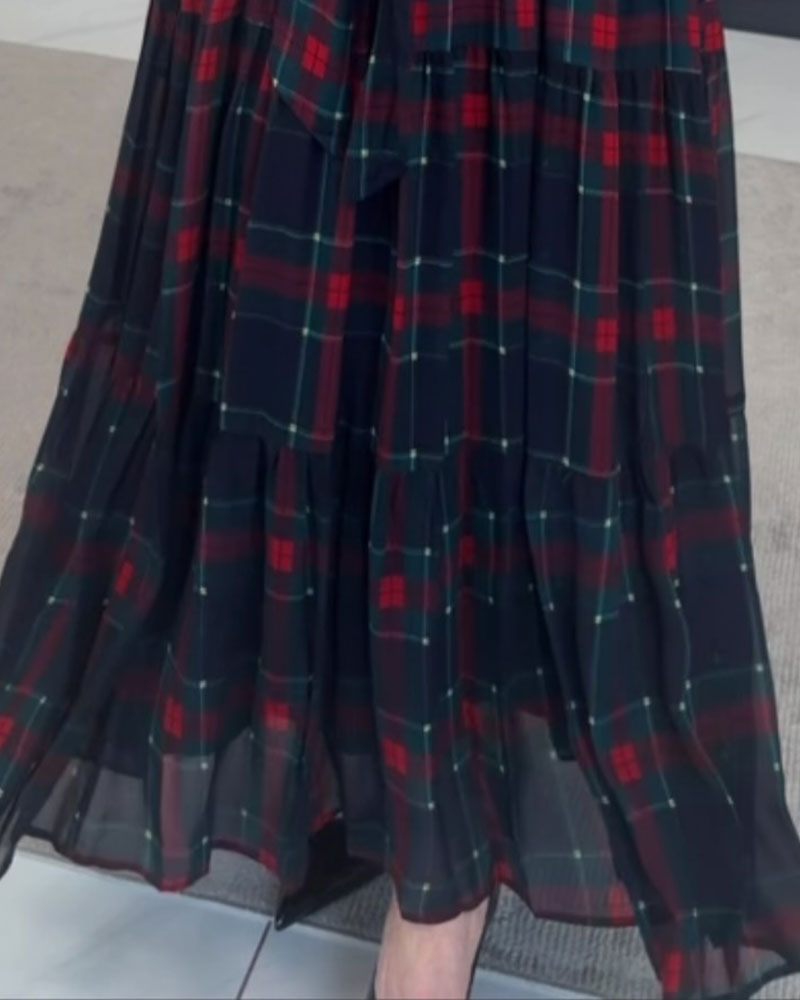 V-Neck Plaid Long-Sleeve Dress