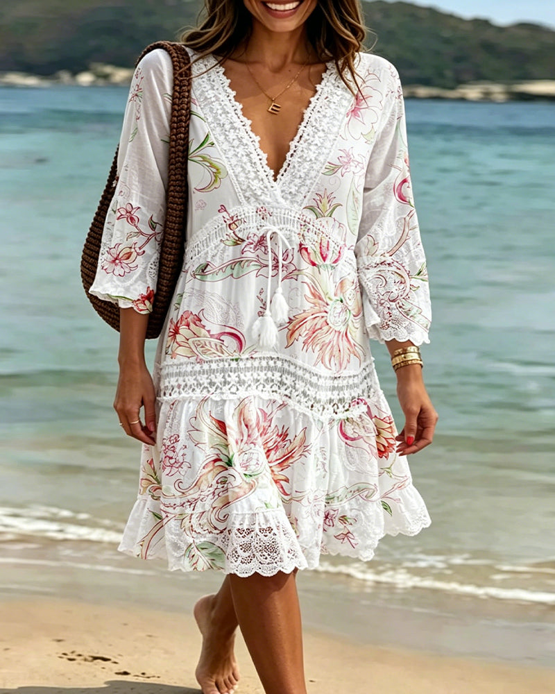V-Neck Lace Tie Print Dress