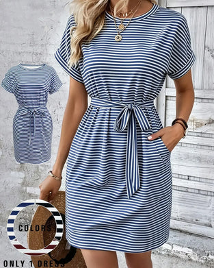 Round Neck Stripe Tie Waist Dress
