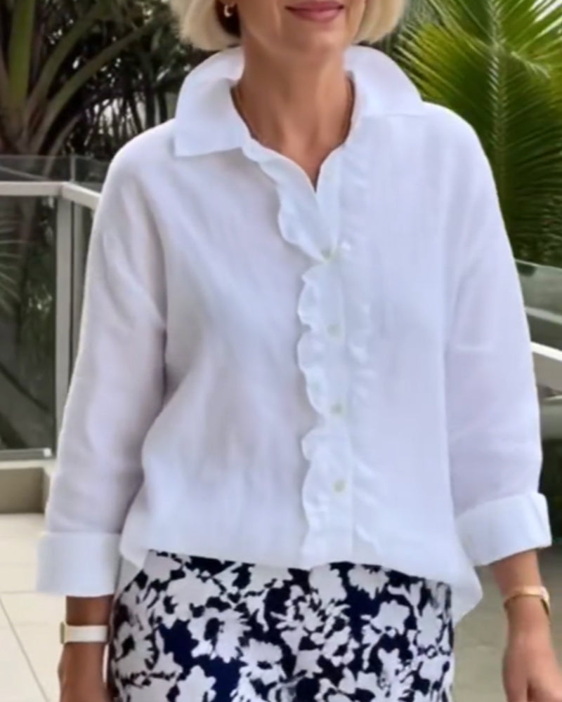 Ruffled Long-Sleeved Solid-Color Collared Blouse