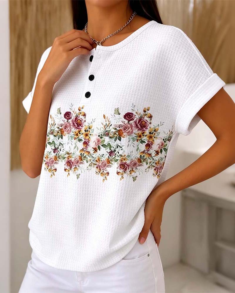 Round Neck Button Waffle T-Shirt