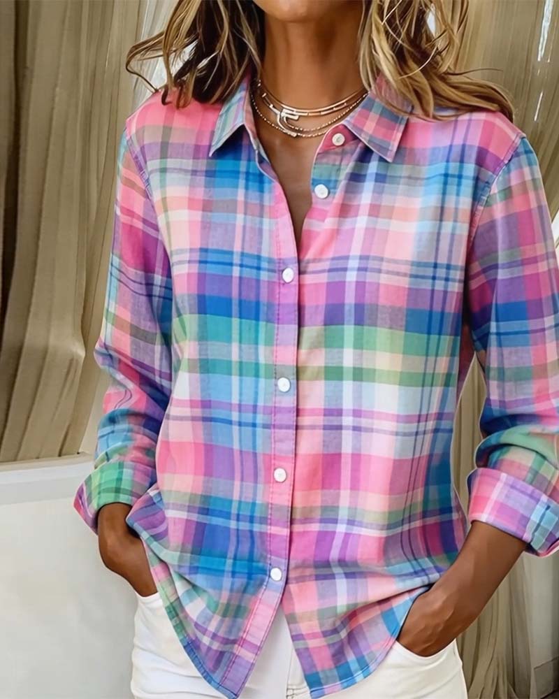 Colorful Plaid Print Lapel Shirt