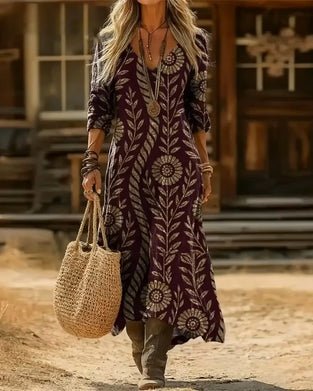 V-Neck Leaf Print Dress