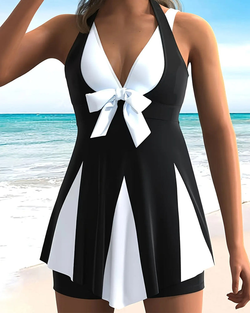 Vacation Color Block Bowknot Tankini