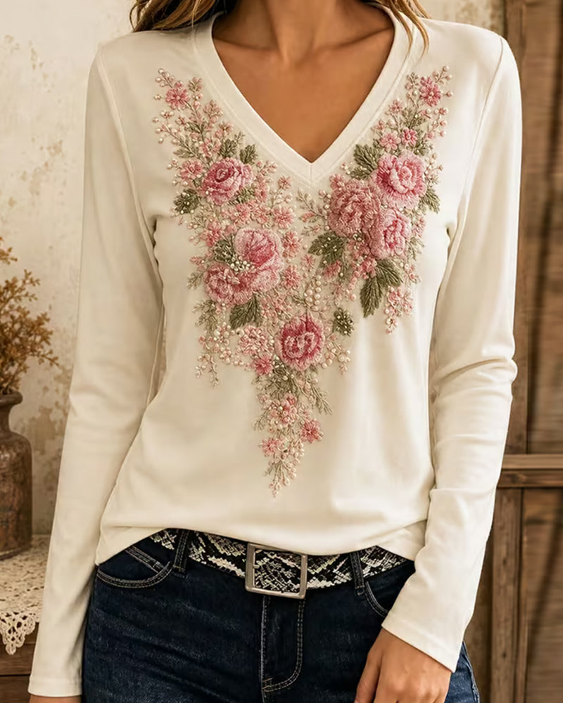 Long Sleeve V-Neck Floral T-Shirt