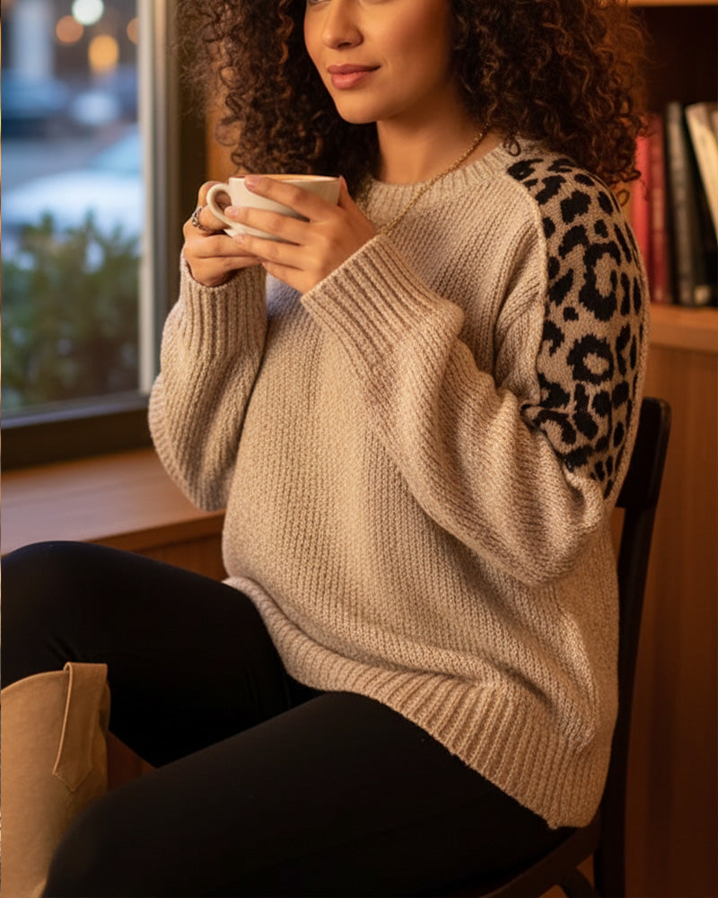 Casual Round Neck Leopard Print Patchwork Pullover