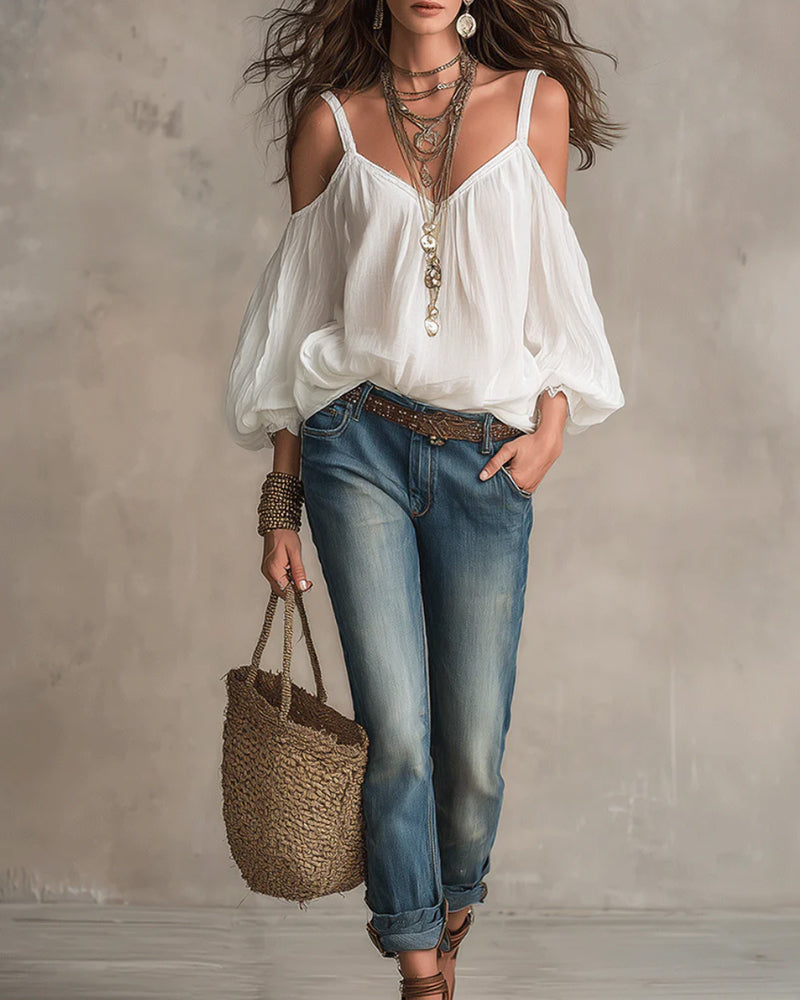 Off-Shoulder Puff Strap Blouse