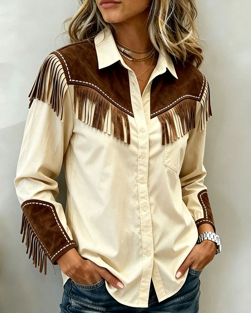 Fringed Splicing Contrast Color Long Sleeve Shirt