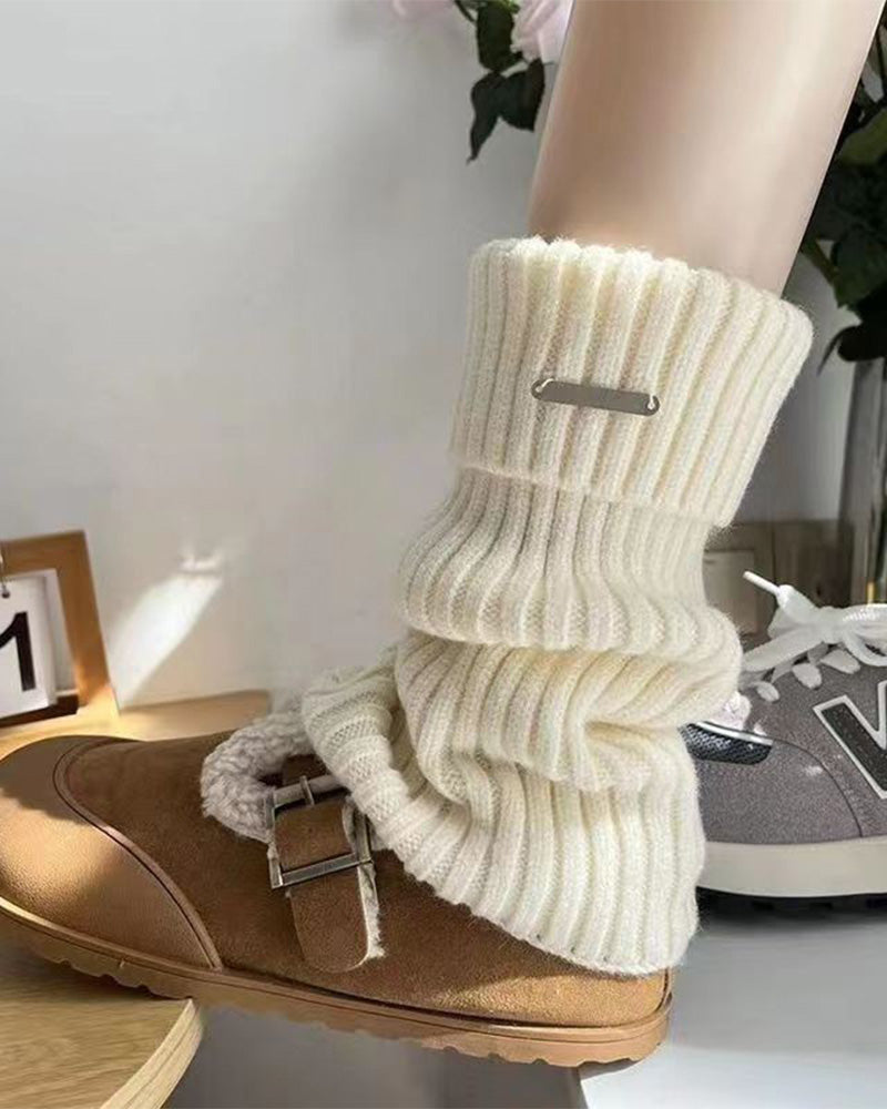 Women's Basic Solid Metal Label Decor Leg Warmers, Minimalist Womenswear
