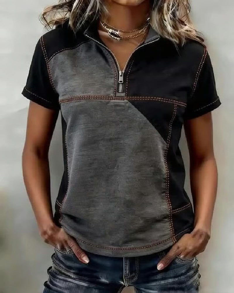 Half-Zip Color-Block Short-Sleeved Top